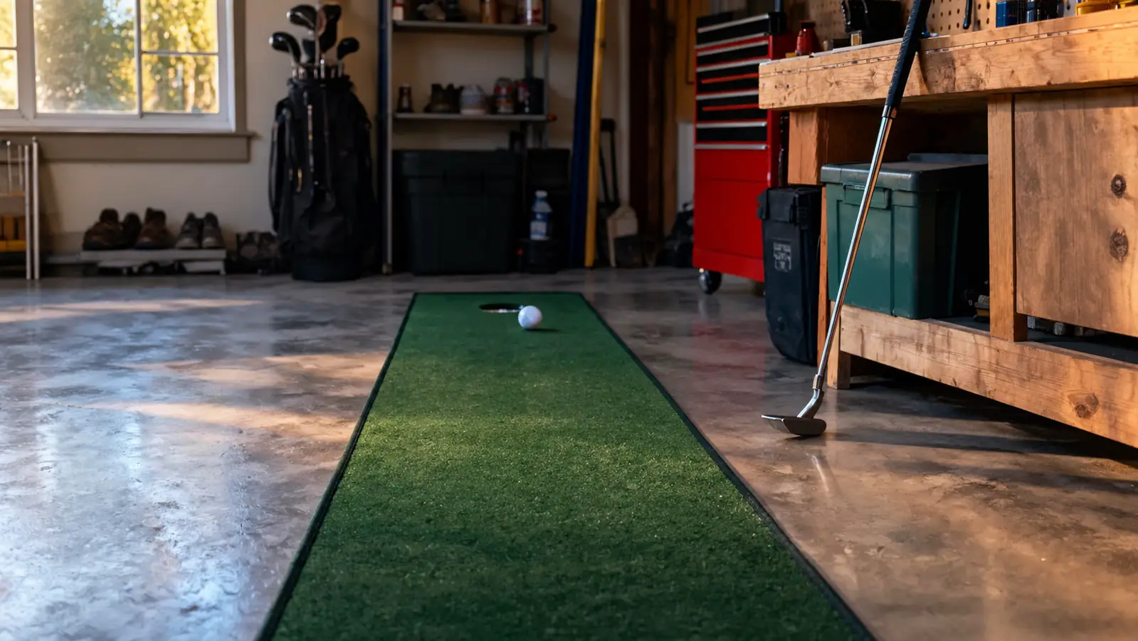 A practice putting mat laid out on a garage floor with a golf ball near the cup and a putter leaning against a workbench.