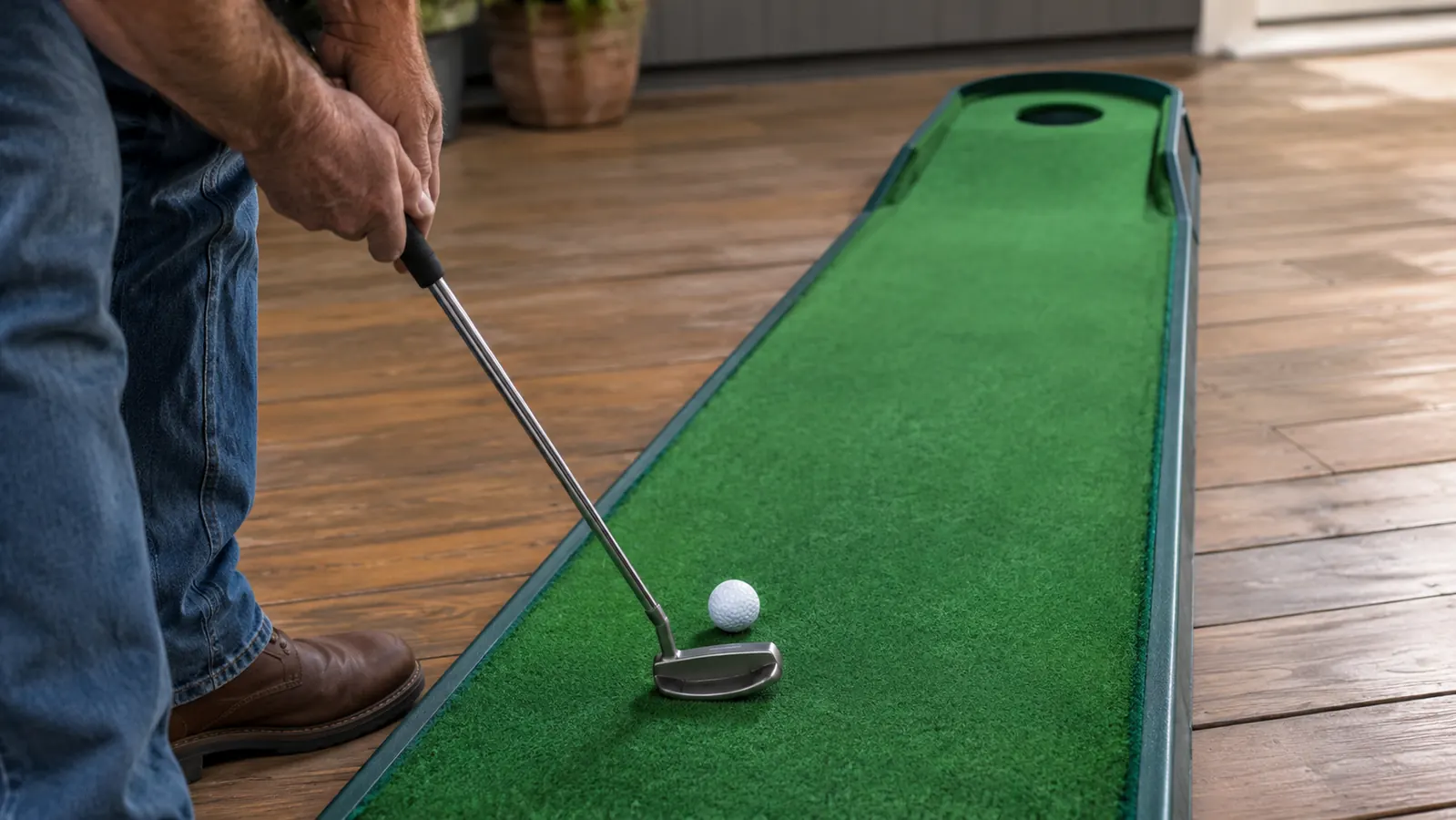 Close view of a golf ball rolling across a putting mat toward the cup at the far end, putter head resting beside the ball
