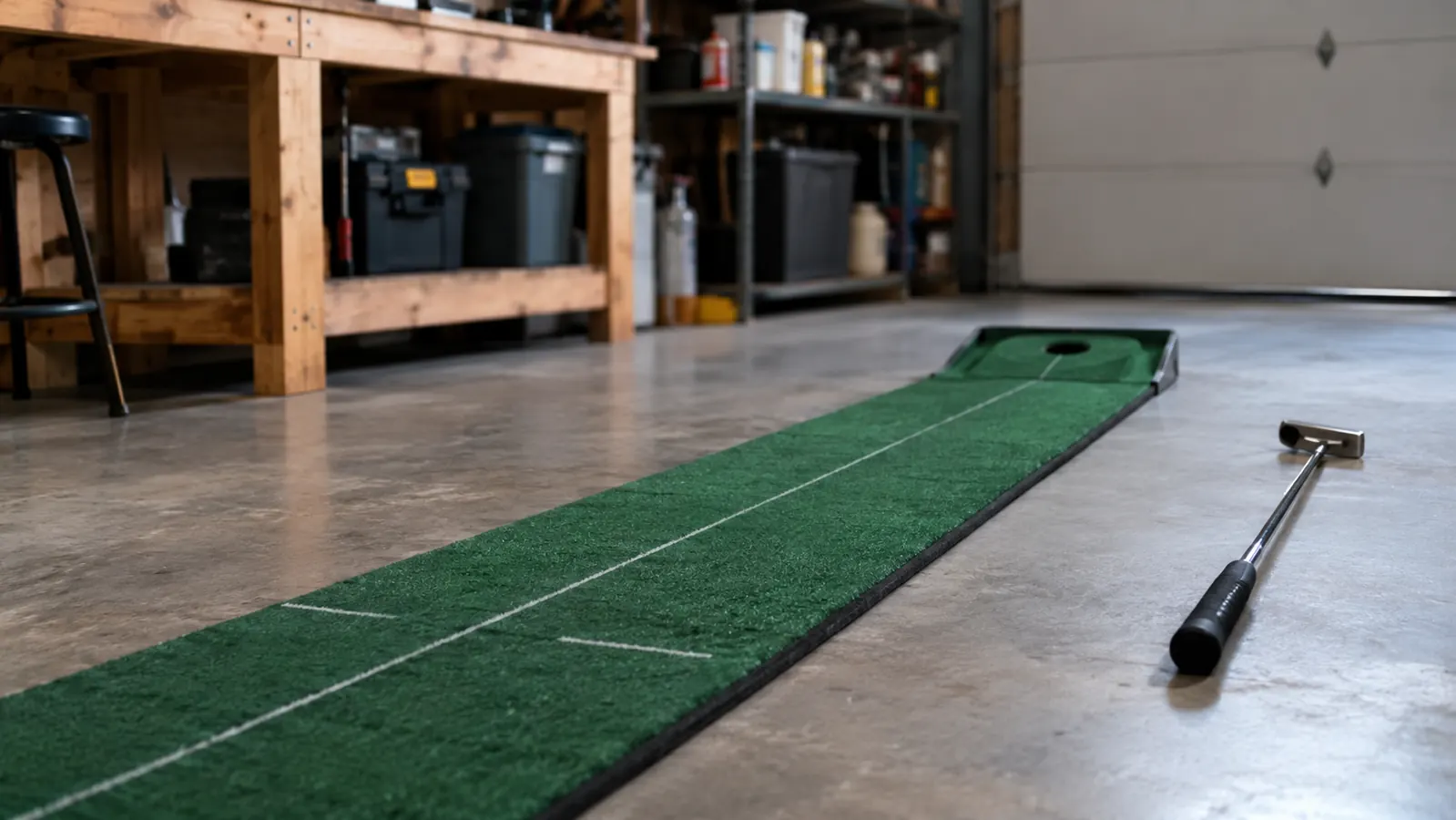The putting mat rolled out flat on a concrete garage floor with the raised cup at the far end, a putter lying beside it