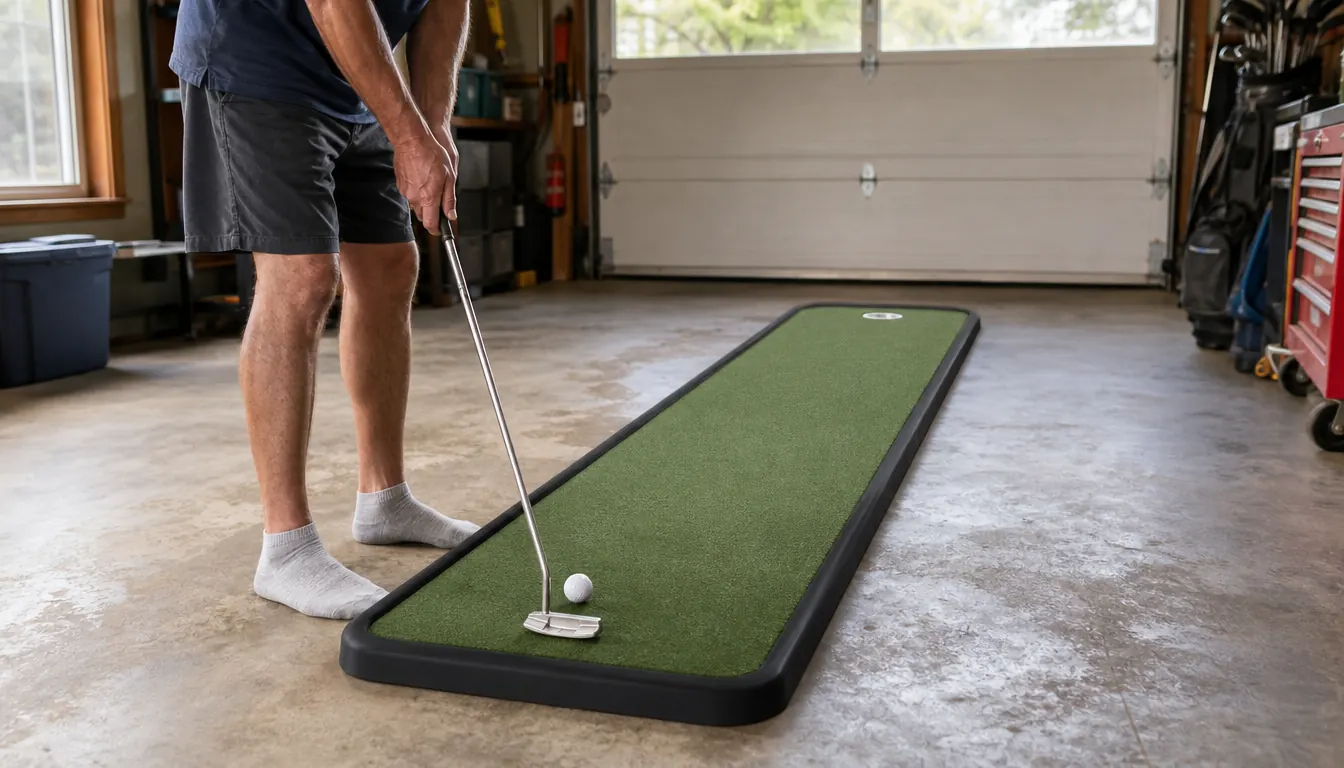 A golfer in stocking feet addressing a putt on a putting mat with the cup at the far end.