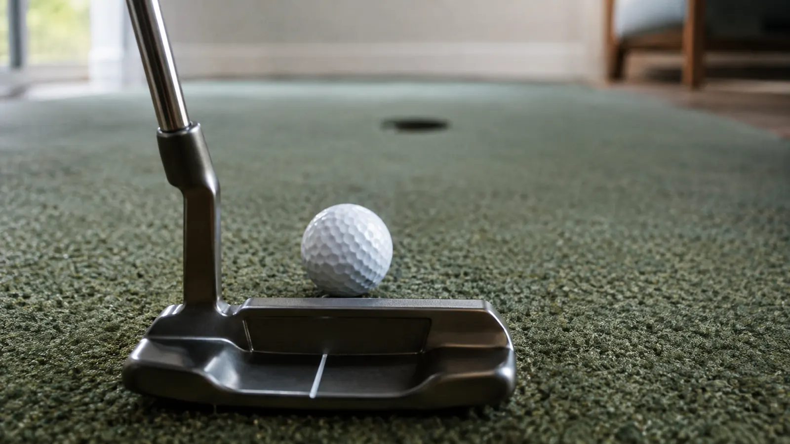 A close view down the line of a putt with the putter head behind the ball and the cup in the distance.
